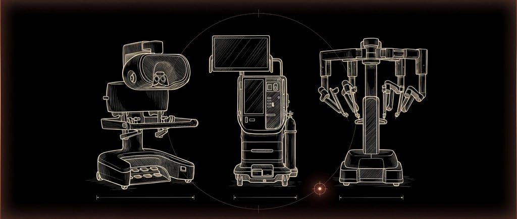 The da Vinci 5 drawn in cream ink on black paper: the surgeon console, the tower and the patient cart with its arms, side by side, inside a construction circle with dimension lines.