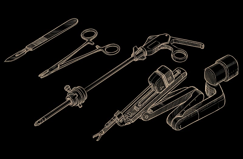 An ink study, to one scale: a scalpel and a needle holder for open surgery, a straight laparoscopic grasper through its trocar, and the end of a robotic patient-side arm: its links, the instrument drive, the instrument housing, the shaft through the cannula and the wristed tip.